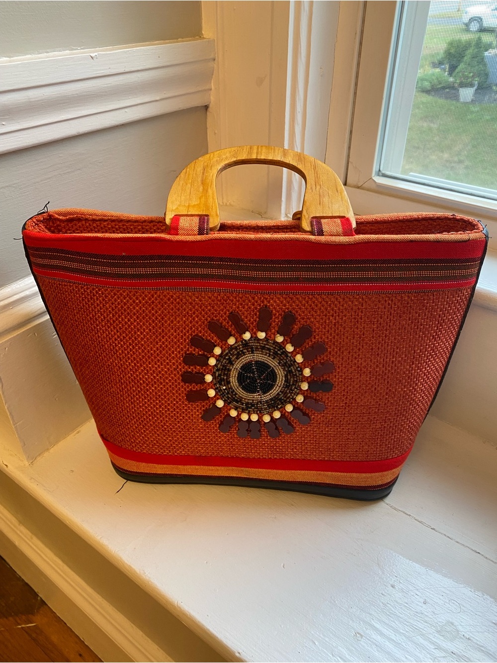 African Handcrafted Red Woven Tote with Wooden Handles